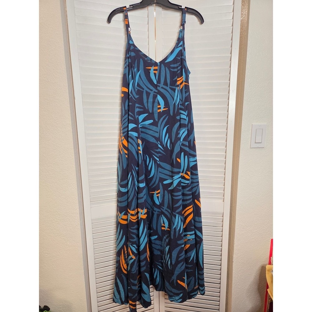 Torrid Tropical Leaf Print Maxi Dress 12 Blue Orange V-Neck Straps
